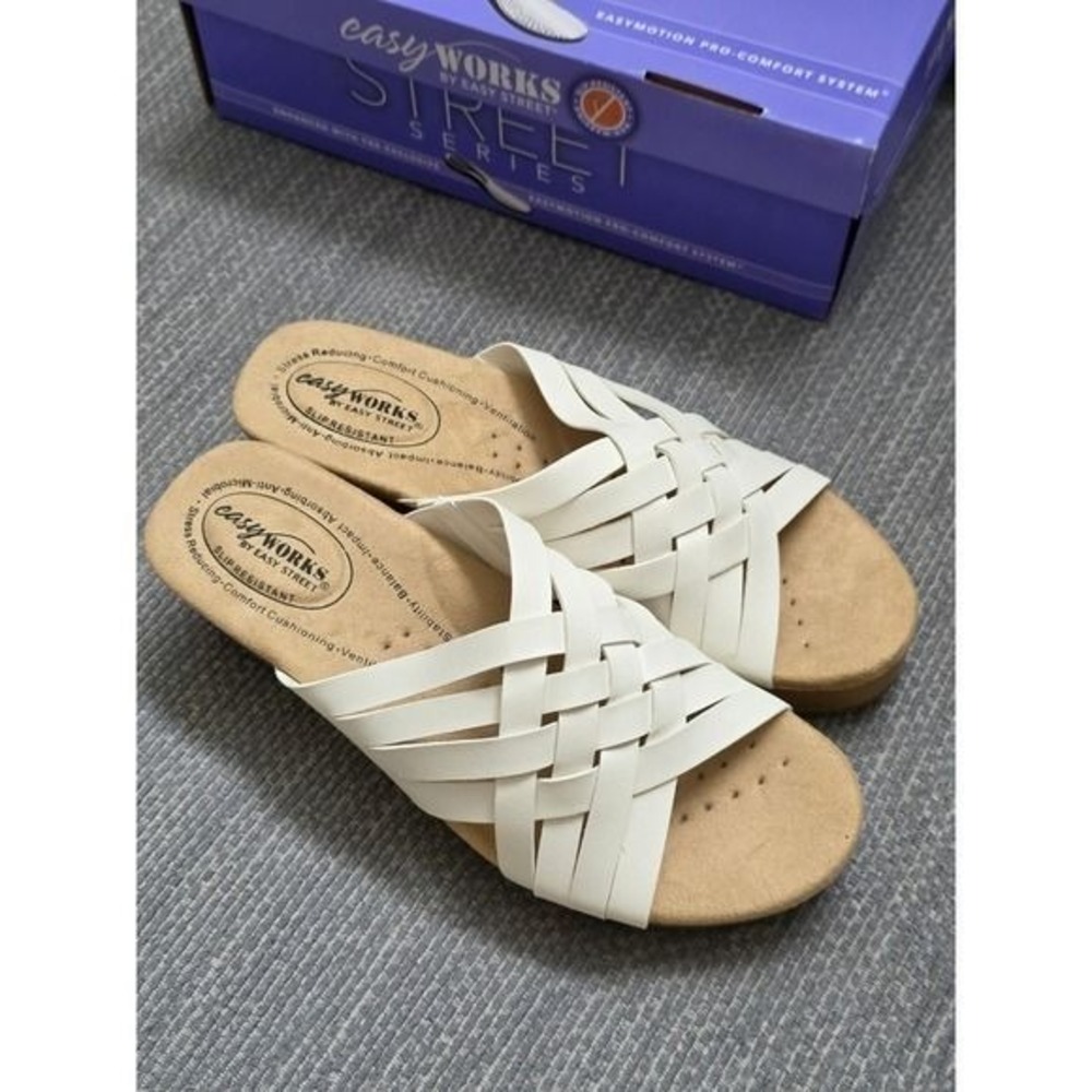 Easy Works Rosanna Sandals 10 White Woven Wedge Slip Resistant Comfort Clogs - Picture 2 of 12